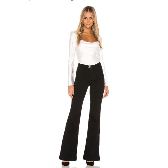 PAIGE Black Shadow Clean Front Genevieve Wide Leg Flare Jeans Buckle Detail - Picture 1 of 16